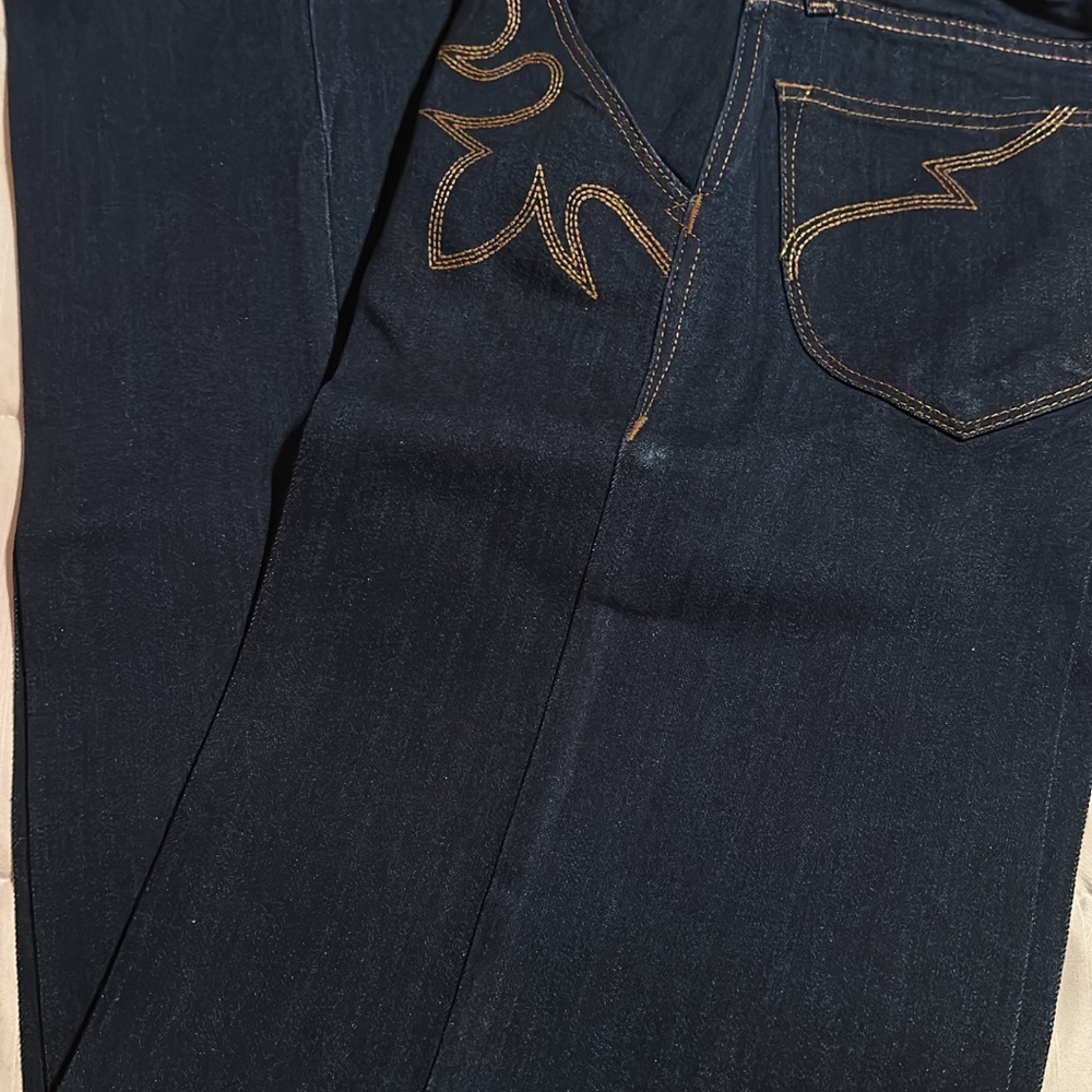 Dark Blue Denim Jeans with Gold Stitching